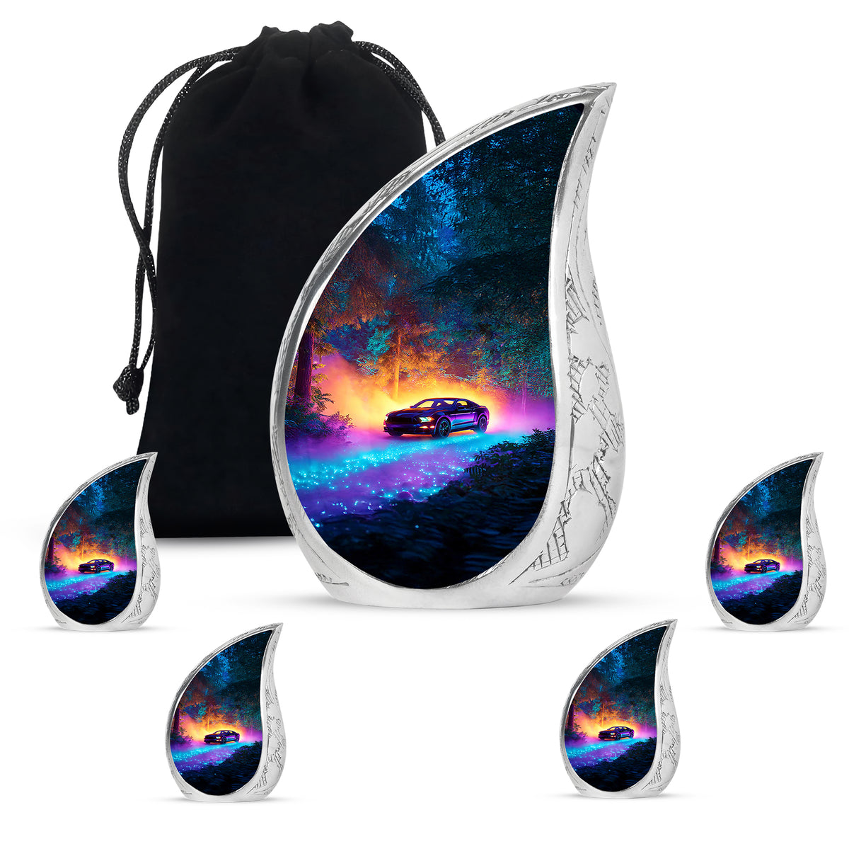 Indigo Car Cremation Urn side profile showing urn shape - flowing teardrop car silhouette on curved aluminum - memorial set with one large and four small urns