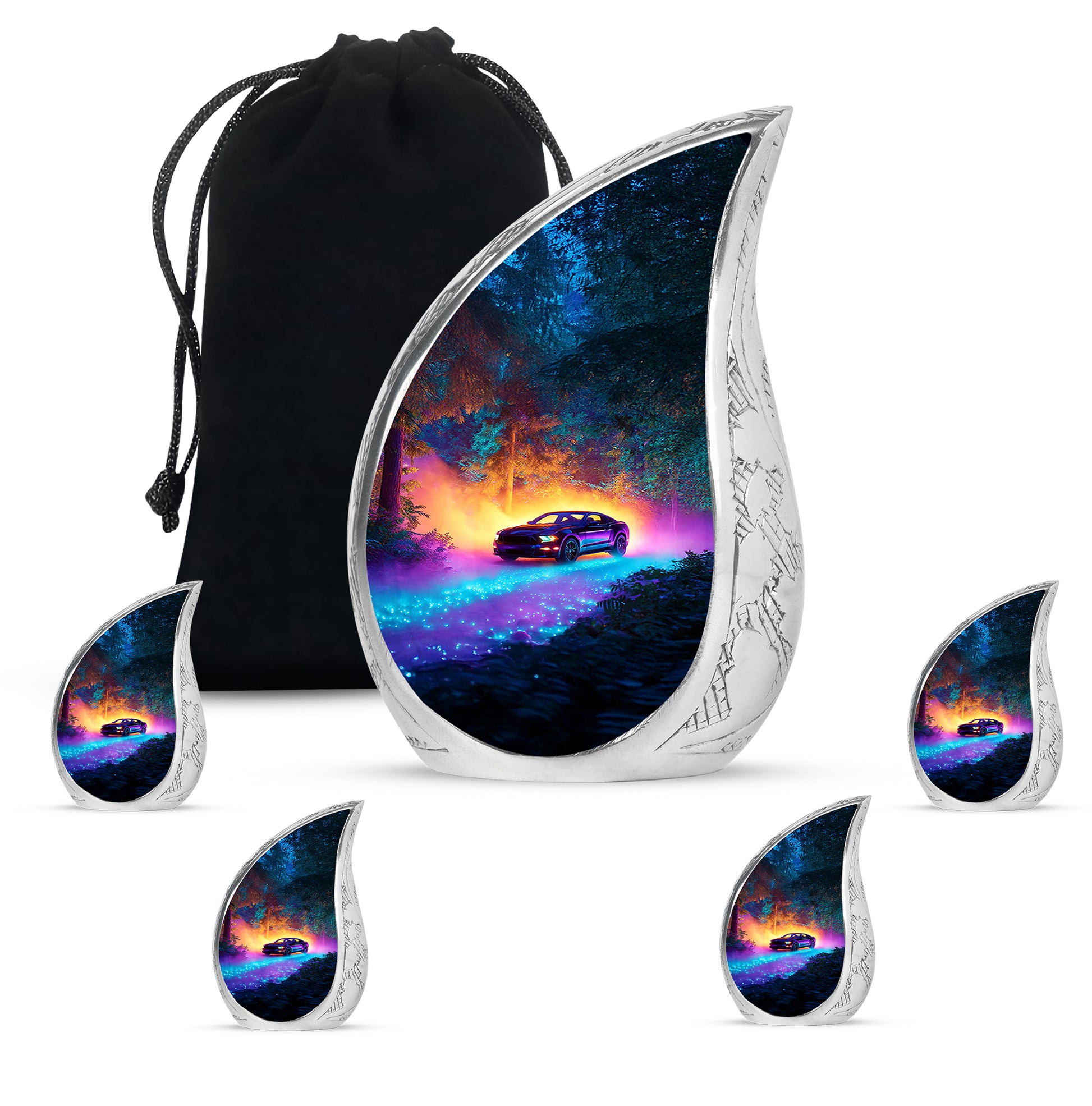 Indigo Car Cremation Urn side profile showing urn shape - flowing teardrop car silhouette on curved aluminum - memorial set with one large and four small urns