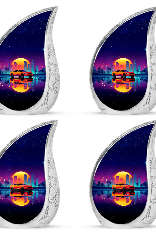 Plum Purple Car Cremation Urn close-up of engraving and surface detail - rounded teardrop car design with delicate detail - 10 inch aluminum urn for cremated remains