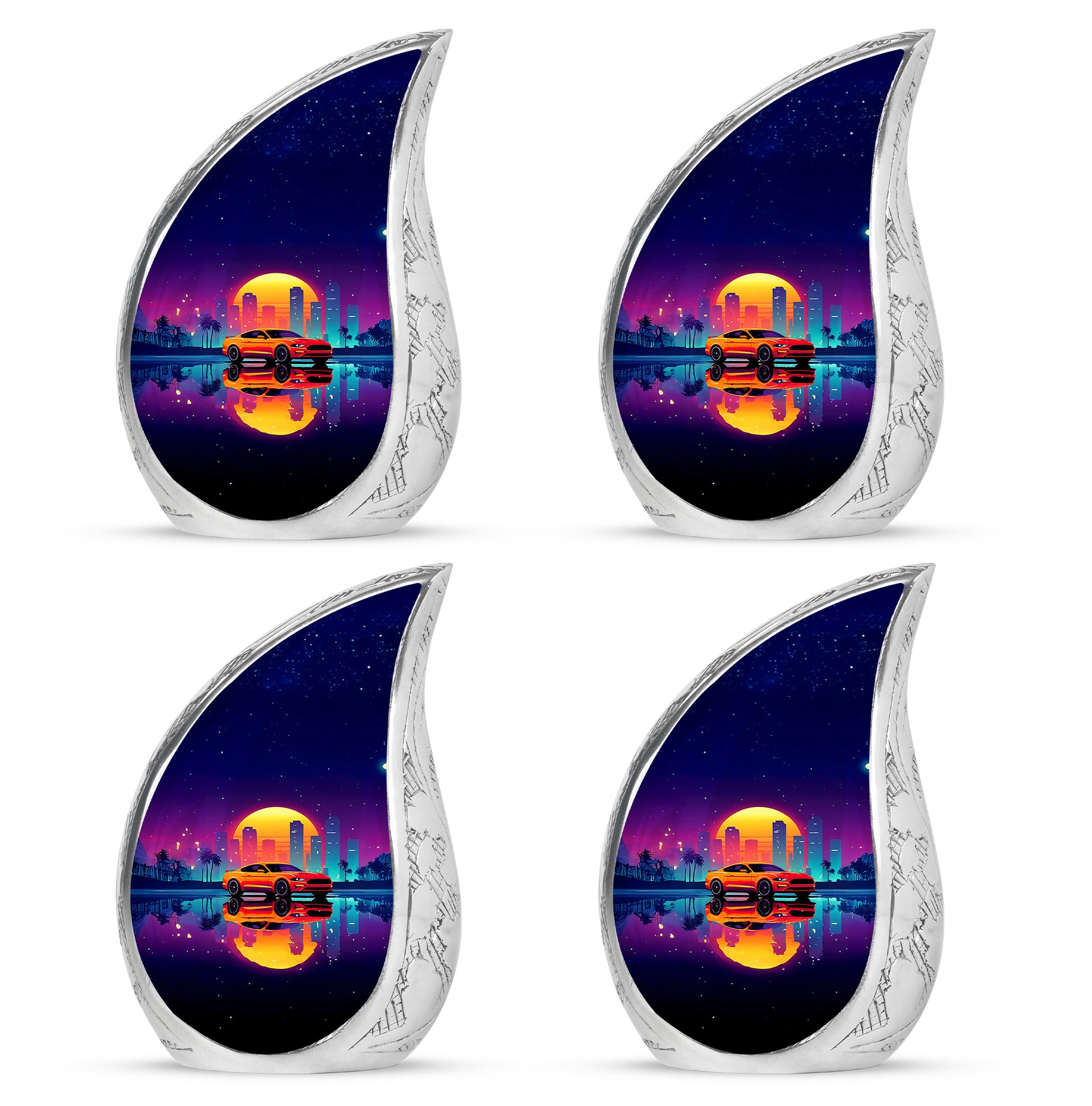 Plum Purple Car Cremation Urn close-up of engraving and surface detail - rounded teardrop car design with delicate detail - 10 inch aluminum urn for cremated remains
