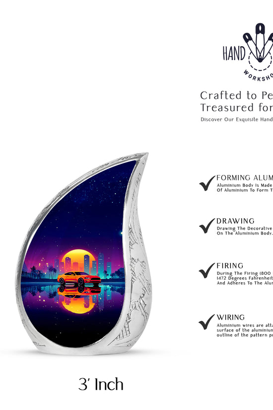 Majestic Purple Car Cremation Urn angled view of lid and engraved motif - rounded teardrop car design with delicate detail - mini keepsake memorial for portion of cremation ashes