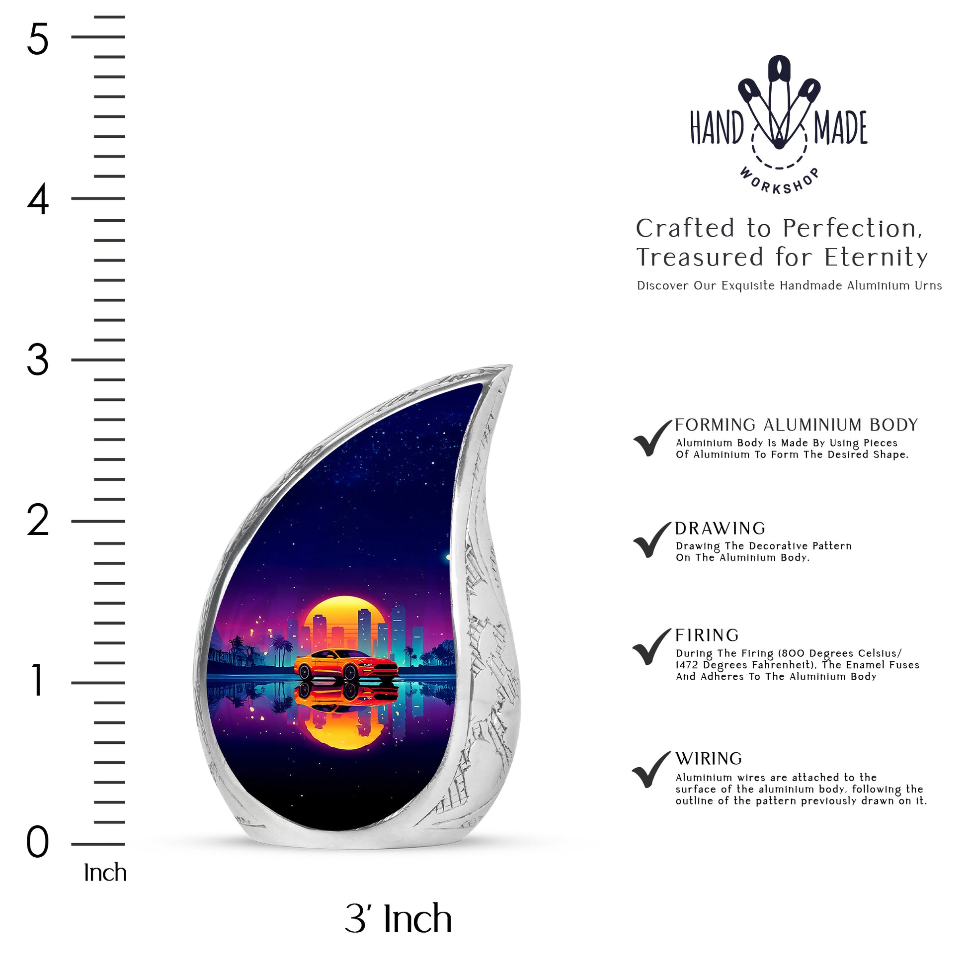 Majestic Purple Car Cremation Urn angled view of lid and engraved motif - rounded teardrop car design with delicate detail - mini keepsake memorial for portion of cremation ashes