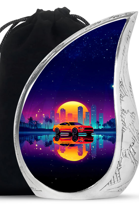 Majestic Purple Car Cremation Urn front view showing detailed design - flowing teardrop car silhouette on curved aluminum - full-size 10 inch 200 cubic inch adult cremation urn