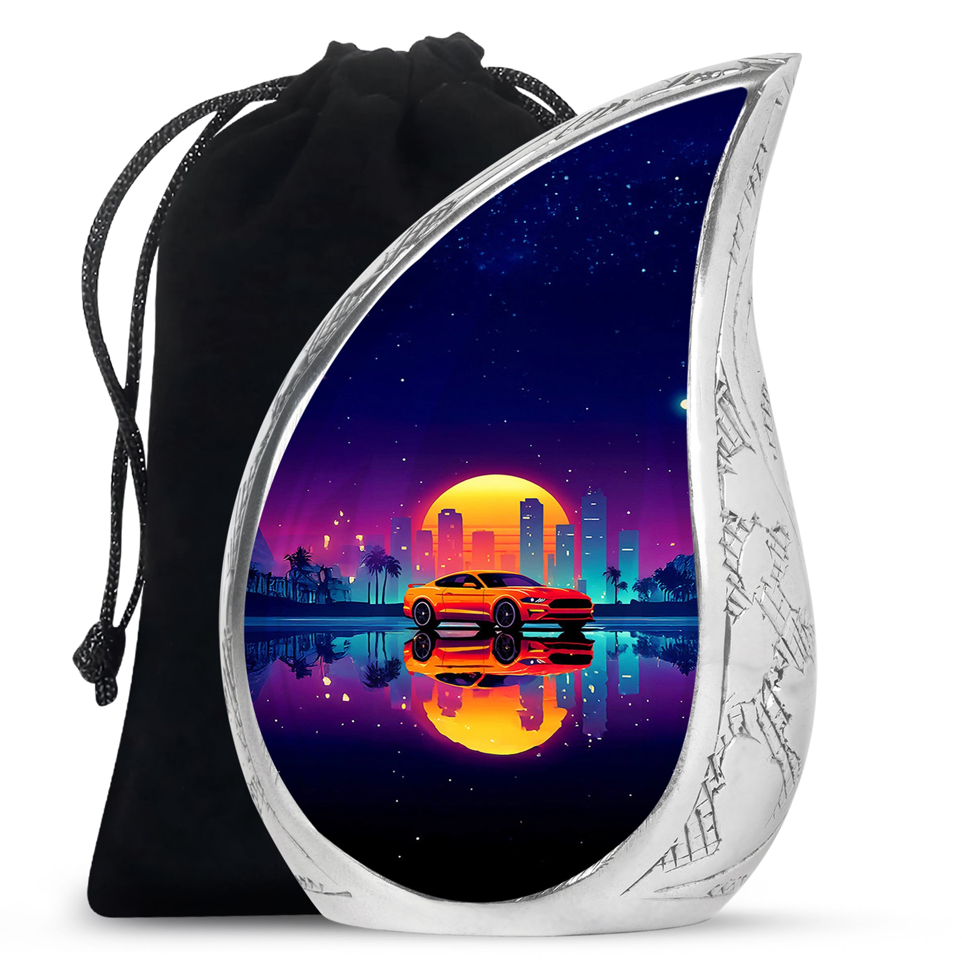Majestic Purple Car Cremation Urn front view showing detailed design - flowing teardrop car silhouette on curved aluminum - full-size 10 inch 200 cubic inch adult cremation urn