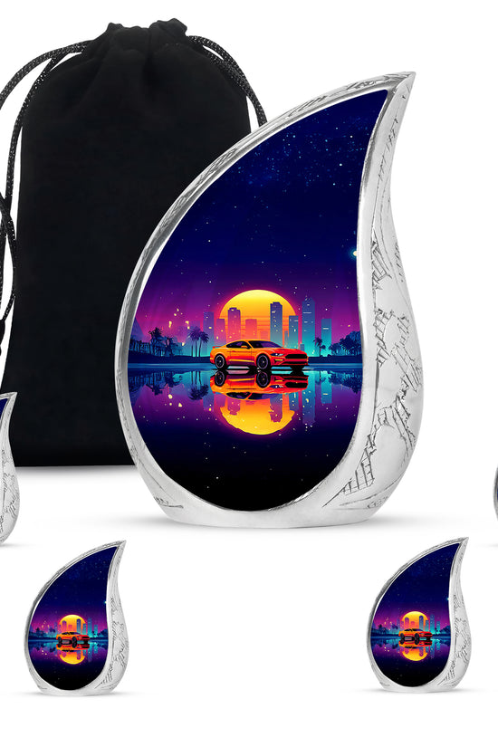 Twilight Purple Car Cremation Urn side profile showing urn shape - smooth teardrop contour featuring car art - memorial set with one large and four small urns