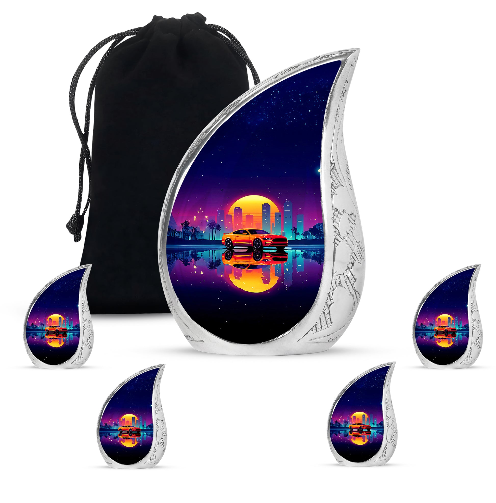 Twilight Purple Car Cremation Urn side profile showing urn shape - smooth teardrop contour featuring car art - memorial set with one large and four small urns