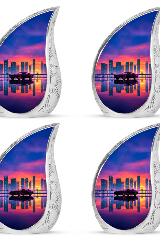 Rose Pink Car Cremation Urn close-up of engraving and surface detail - flowing teardrop car silhouette on curved aluminum - 10 inch aluminum urn for cremated remains
