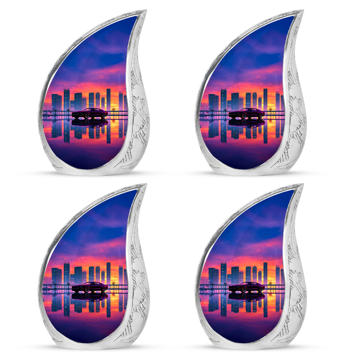 Rose Pink Car Cremation Urn close-up of engraving and surface detail - flowing teardrop car silhouette on curved aluminum - 10 inch aluminum urn for cremated remains