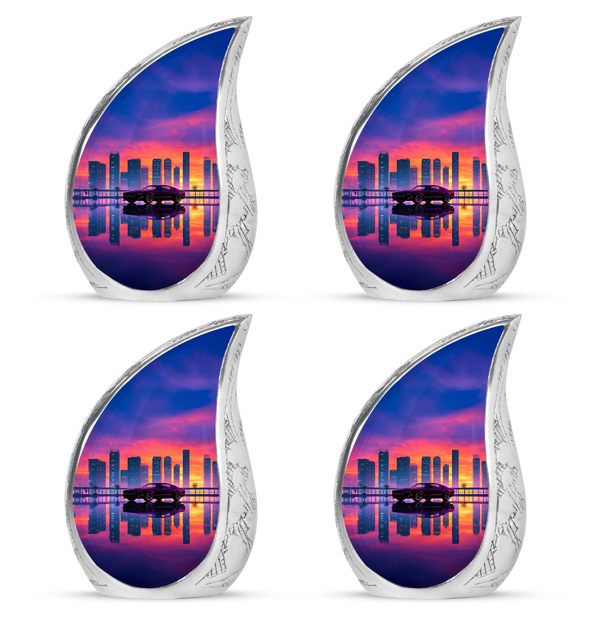 Rose Pink Car Cremation Urn close-up of engraving and surface detail - flowing teardrop car silhouette on curved aluminum - 10 inch aluminum urn for cremated remains