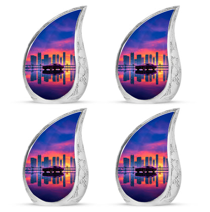Rose Pink Car Cremation Urn close-up of engraving and surface detail - flowing teardrop car silhouette on curved aluminum - 10 inch aluminum urn for cremated remains