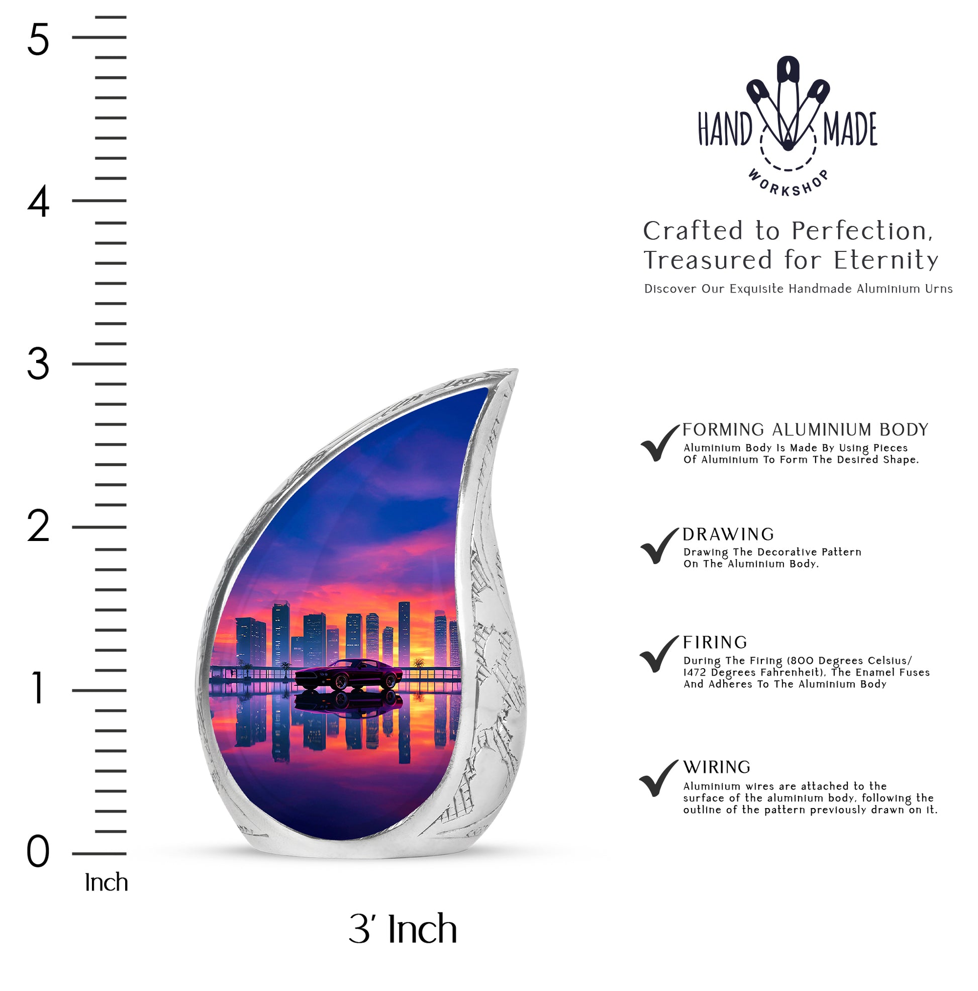 Coral Pink Car Cremation Urn angled view of lid and engraved motif - flowing teardrop car silhouette on curved aluminum - mini keepsake memorial for portion of cremation ashes