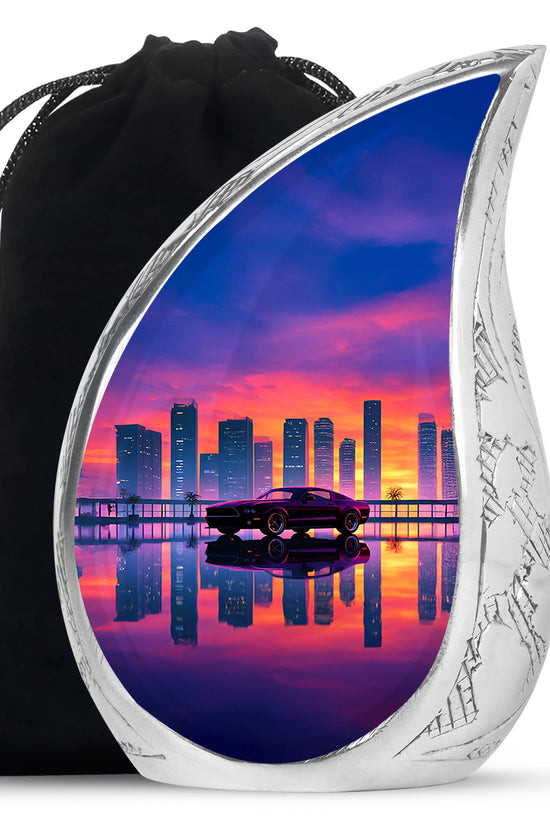 Blush Pink Car Cremation Urn front view showing detailed design - rounded teardrop car design with delicate detail - full-size 10 inch 200 cubic inch adult cremation urn
