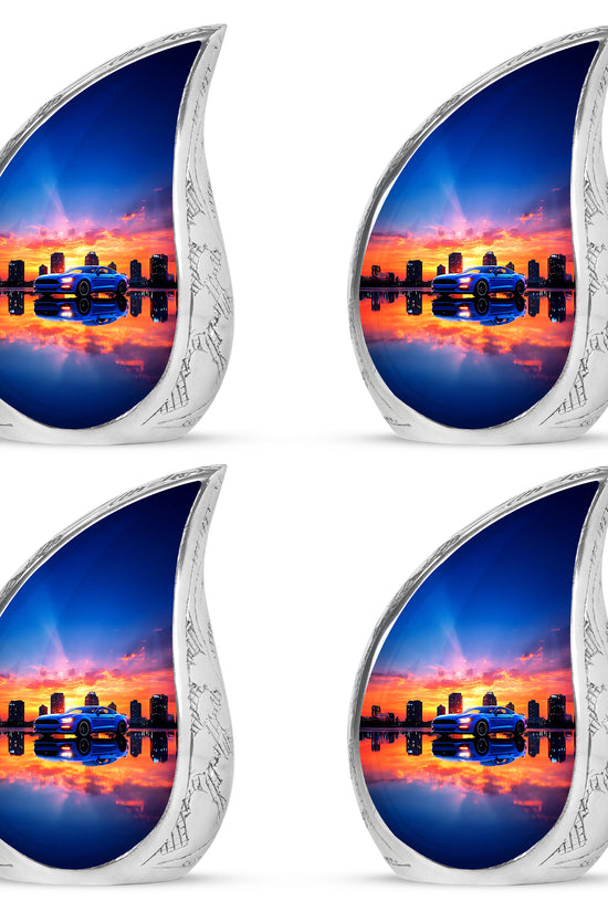 Amethyst Purple Car Cremation Urn close-up of engraving and surface detail - flowing teardrop car silhouette on curved aluminum - 10 inch aluminum urn for cremated remains
