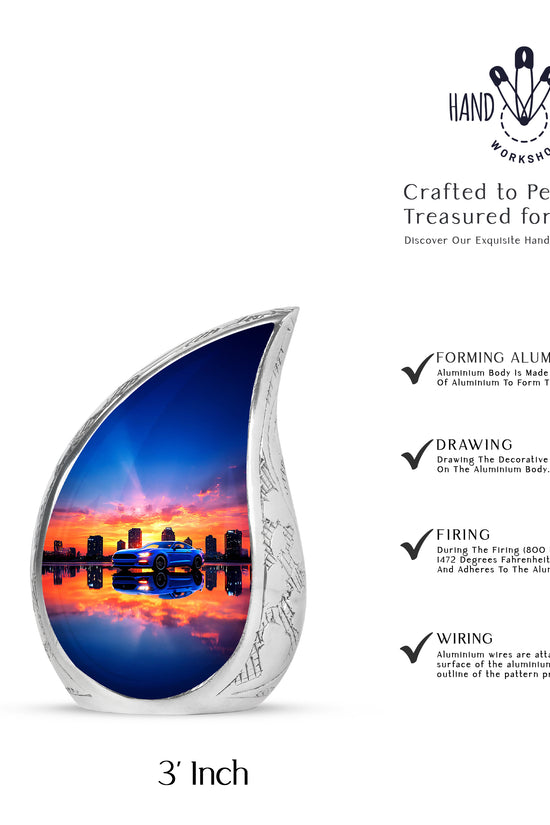 Lavender Purple Car Cremation Urn angled view of lid and engraved motif - graceful tear-shaped urn with car motif - mini keepsake memorial for portion of cremation ashes