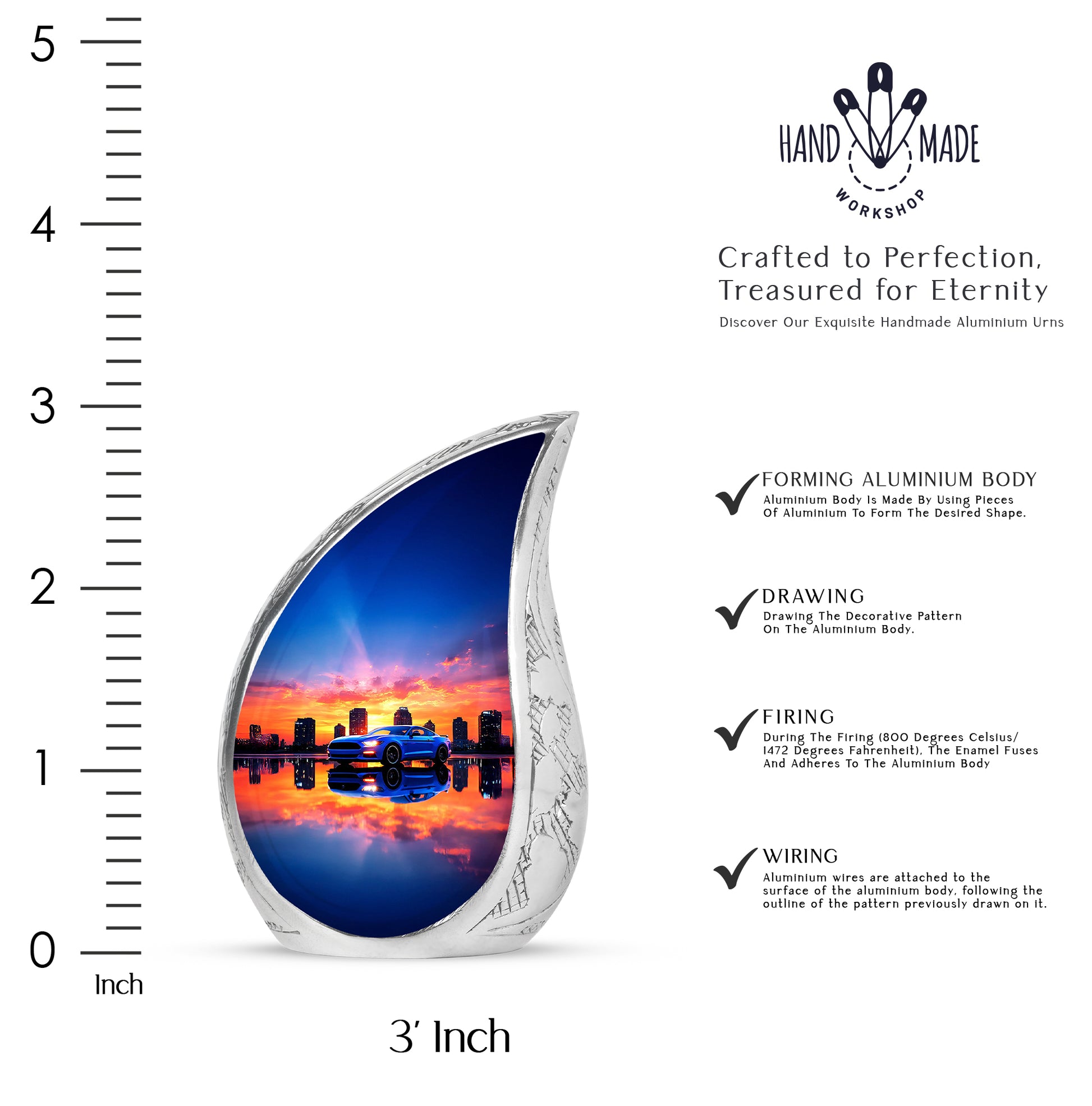 Lavender Purple Car Cremation Urn angled view of lid and engraved motif - graceful tear-shaped urn with car motif - mini keepsake memorial for portion of cremation ashes