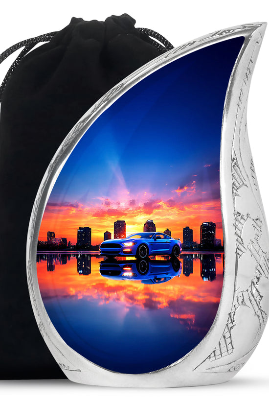 Violet Purple Car Cremation Urn front view showing detailed design - graceful tear-shaped urn with car motif - full-size 10 inch 200 cubic inch adult cremation urn