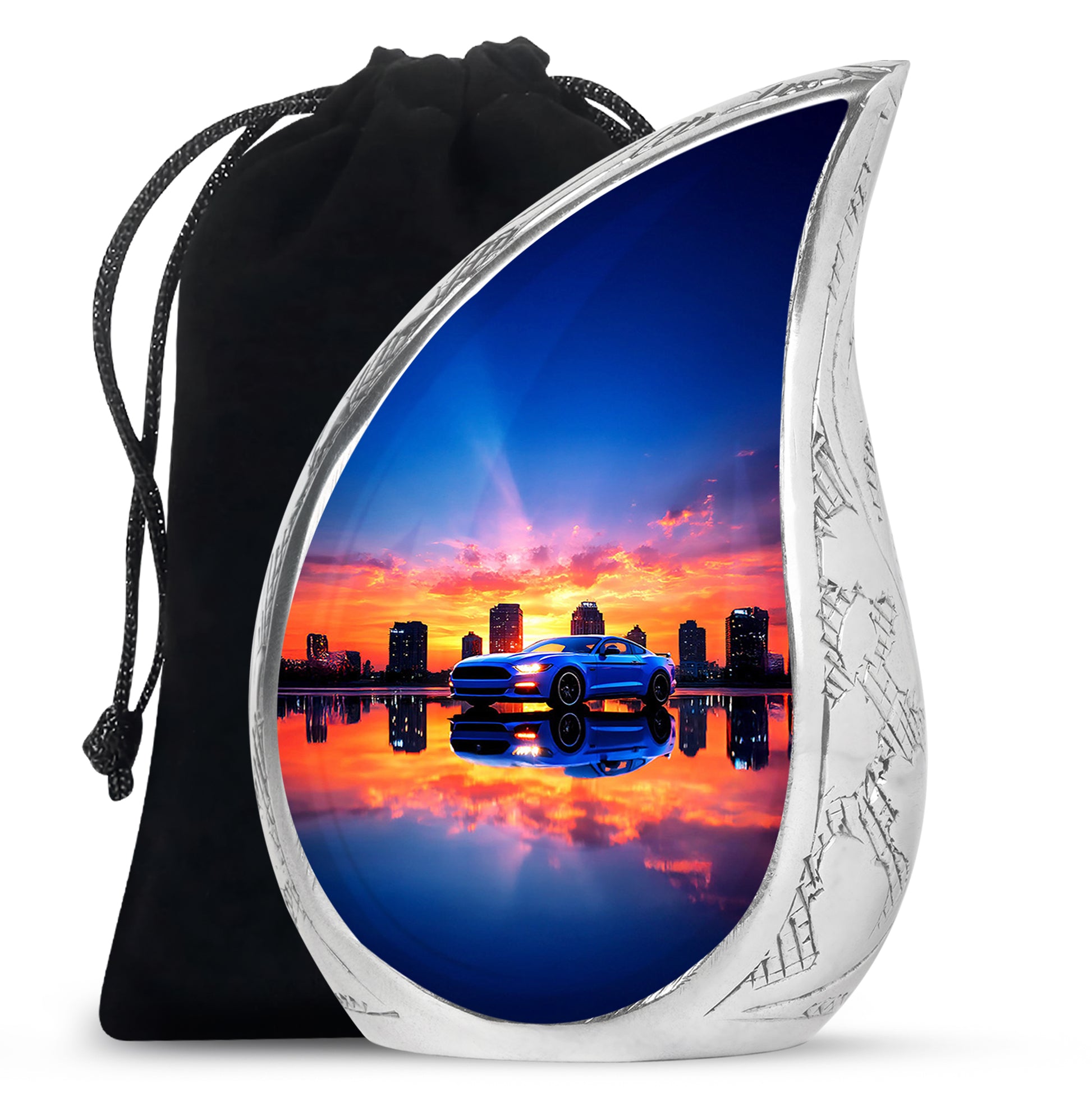 Violet Purple Car Cremation Urn front view showing detailed design - graceful tear-shaped urn with car motif - full-size 10 inch 200 cubic inch adult cremation urn