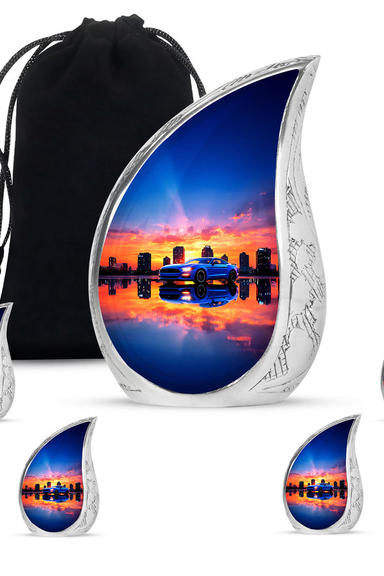 Lavender Purple Car Cremation Urn side profile showing urn shape - smooth teardrop contour featuring car art - memorial set with one large and four small urns