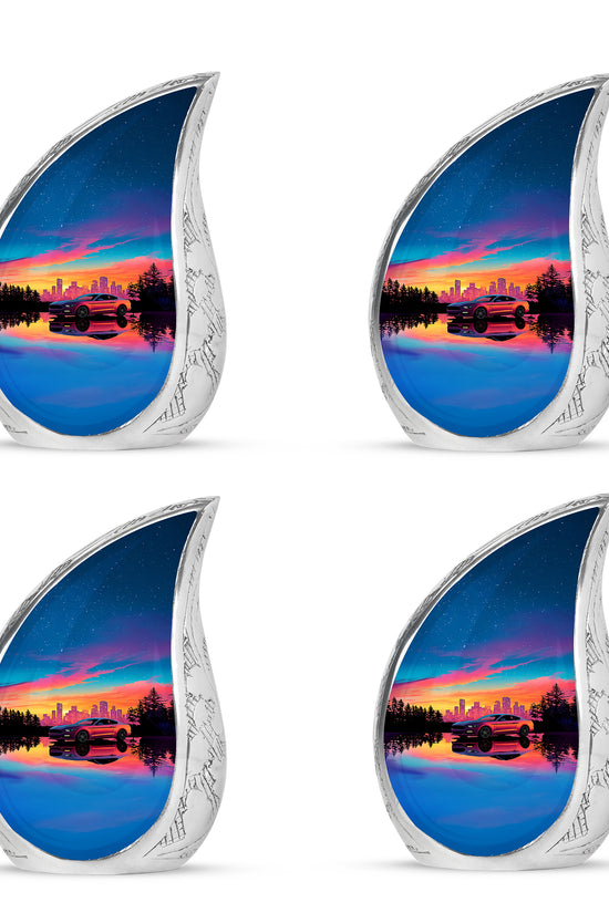 Cobalt Blue Car Cremation Urn close-up of engraving and surface detail - smooth teardrop contour featuring car art - 10 inch aluminum urn for cremated remains