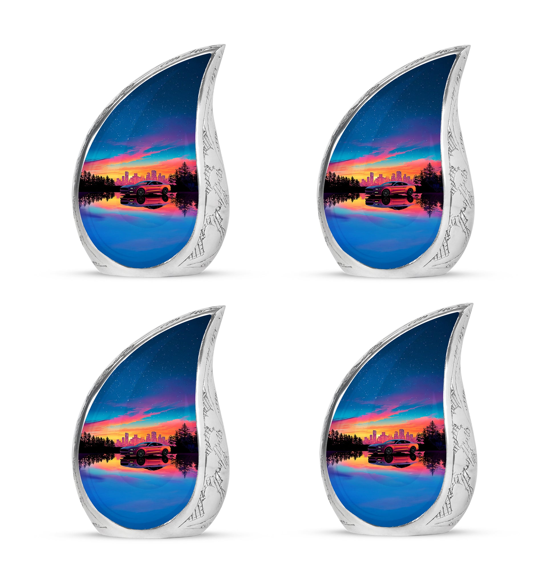 Cobalt Blue Car Cremation Urn close-up of engraving and surface detail - smooth teardrop contour featuring car art - 10 inch aluminum urn for cremated remains