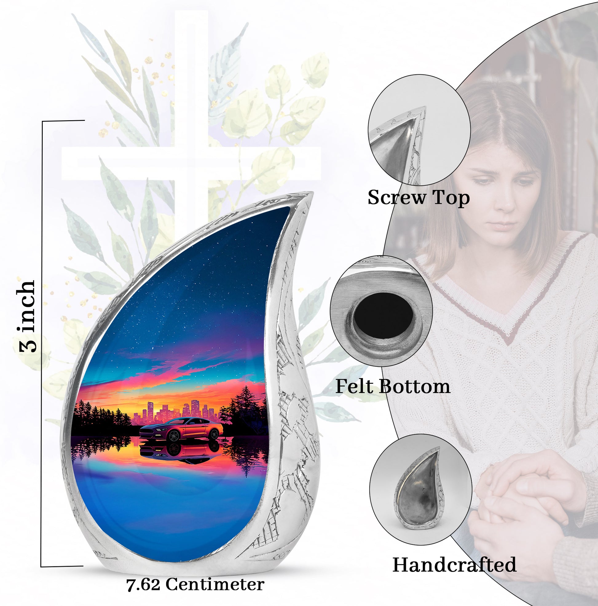 Steel Blue Car Cremation Urn angled view of lid and engraved motif - graceful tear-shaped urn with car motif - mini keepsake memorial for portion of cremation ashes