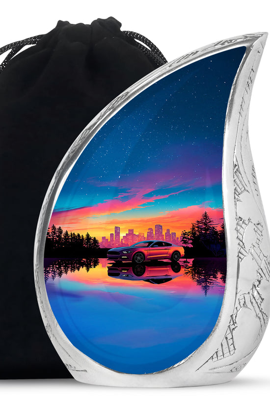 Sky Blue Car Cremation Urn front view showing detailed design - rounded teardrop car design with delicate detail - full-size 10 inch 200 cubic inch adult cremation urn