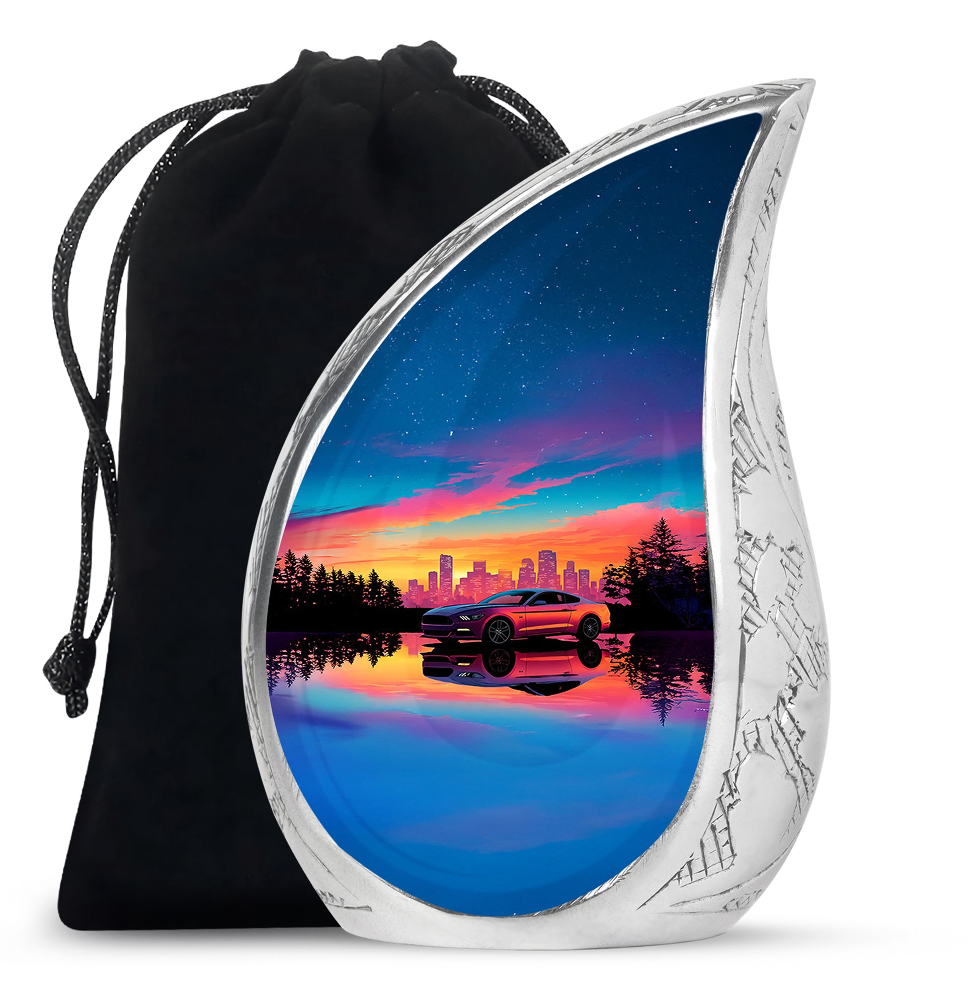 Sky Blue Car Cremation Urn front view showing detailed design - rounded teardrop car design with delicate detail - full-size 10 inch 200 cubic inch adult cremation urn