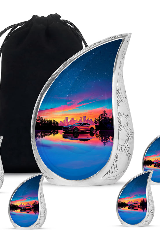 Indigo Car Cremation Urn side profile showing urn shape - rounded teardrop car design with delicate detail - memorial set with one large and four small urns