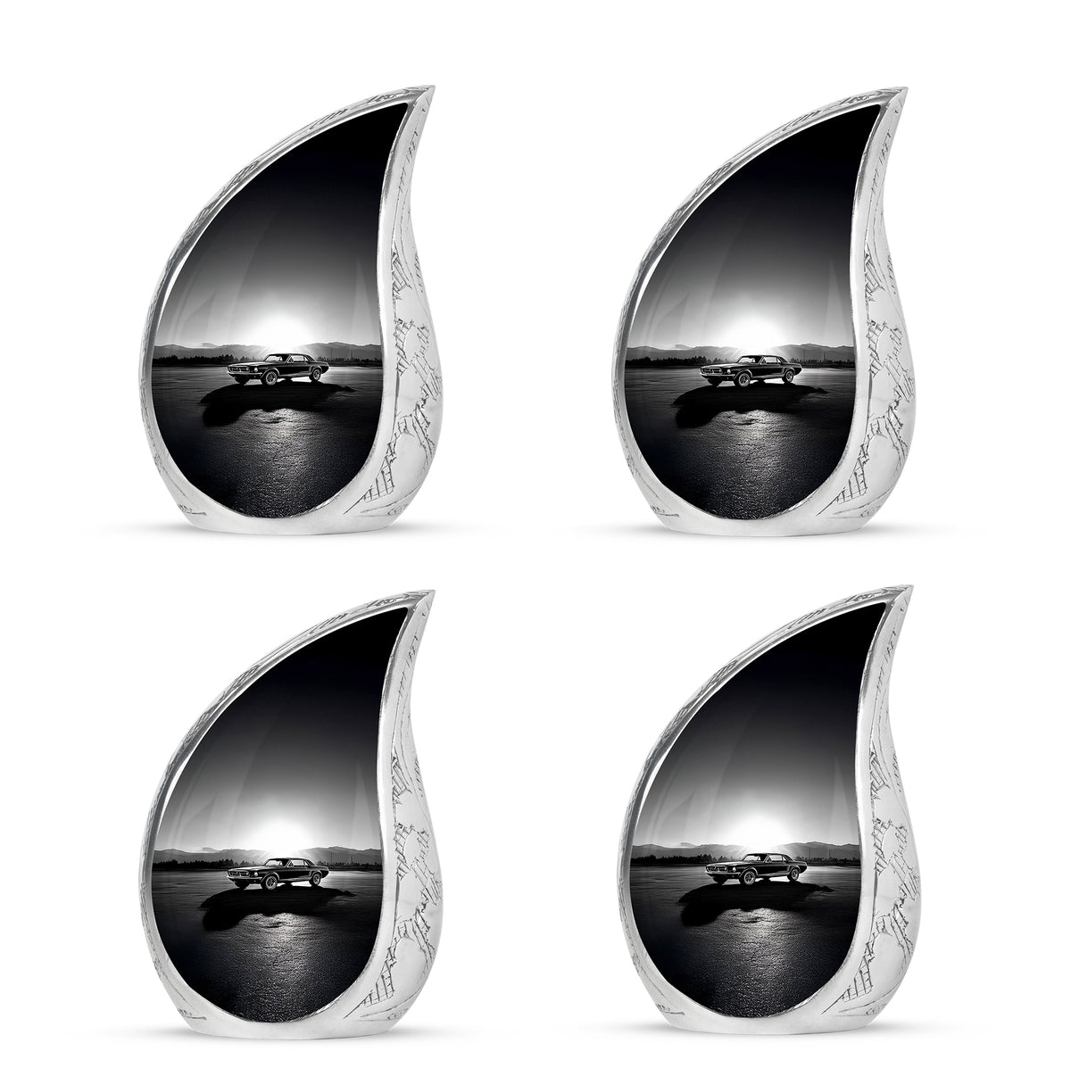 Ash Gray Car Cremation Urn close-up of engraving and surface detail - graceful tear-shaped urn with car motif - 10 inch aluminum urn for cremated remains