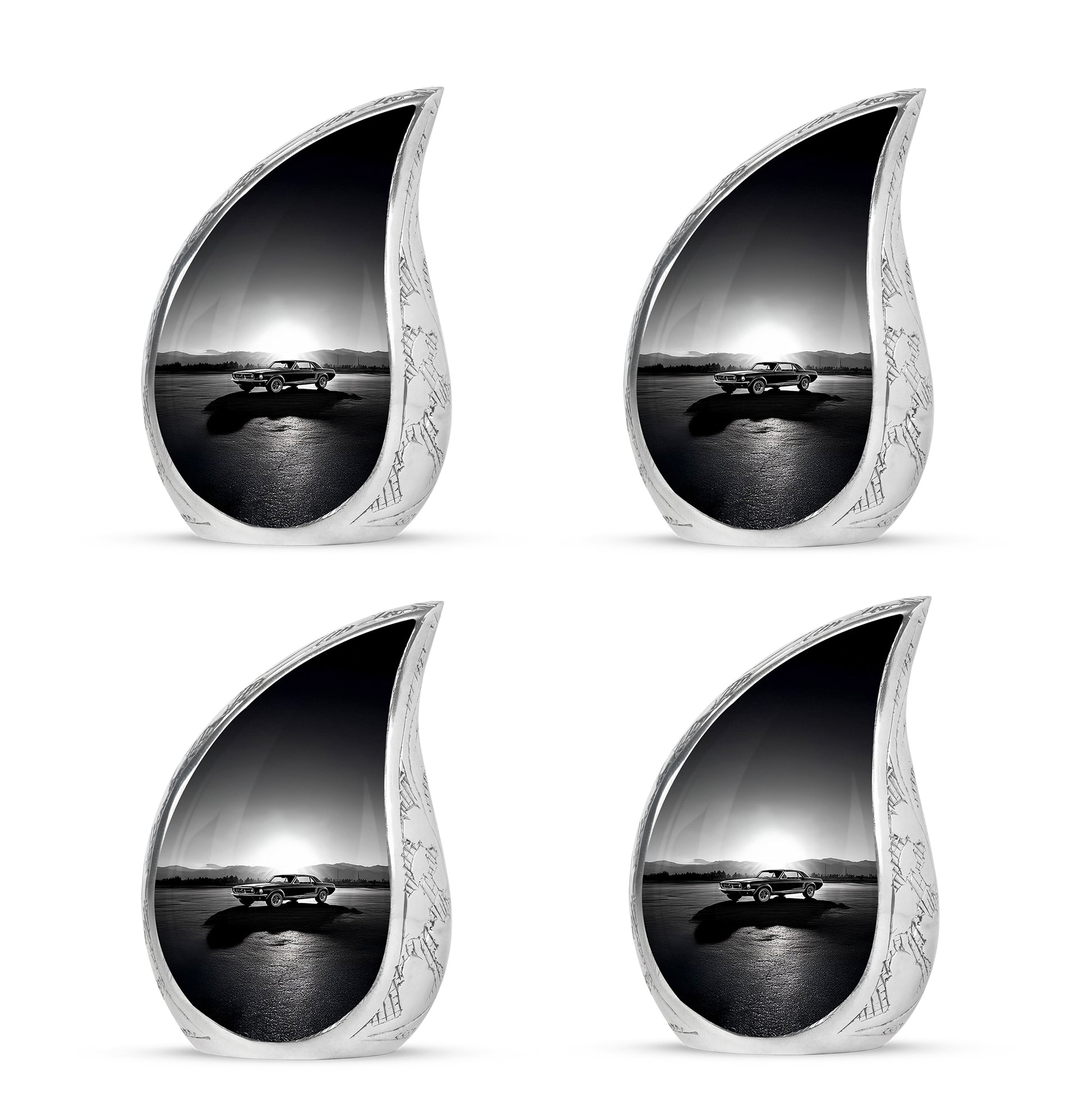 Ash Gray Car Cremation Urn close-up of engraving and surface detail - graceful tear-shaped urn with car motif - 10 inch aluminum urn for cremated remains