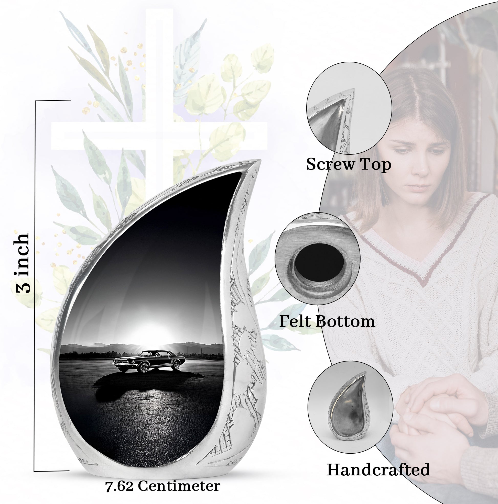 Charcoal Gray Car Cremation Urn angled view of lid and engraved motif - rounded teardrop car design with delicate detail - mini keepsake memorial for portion of cremation ashes