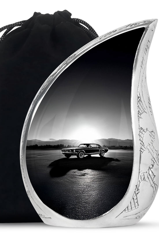 Slate Gray Car Cremation Urn front view showing detailed design - graceful tear-shaped urn with car motif - full-size 10 inch 200 cubic inch adult cremation urn