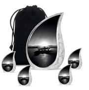 Ash Gray Car Cremation Urn side profile showing urn shape - smooth teardrop contour featuring car art - memorial set with one large and four small urns