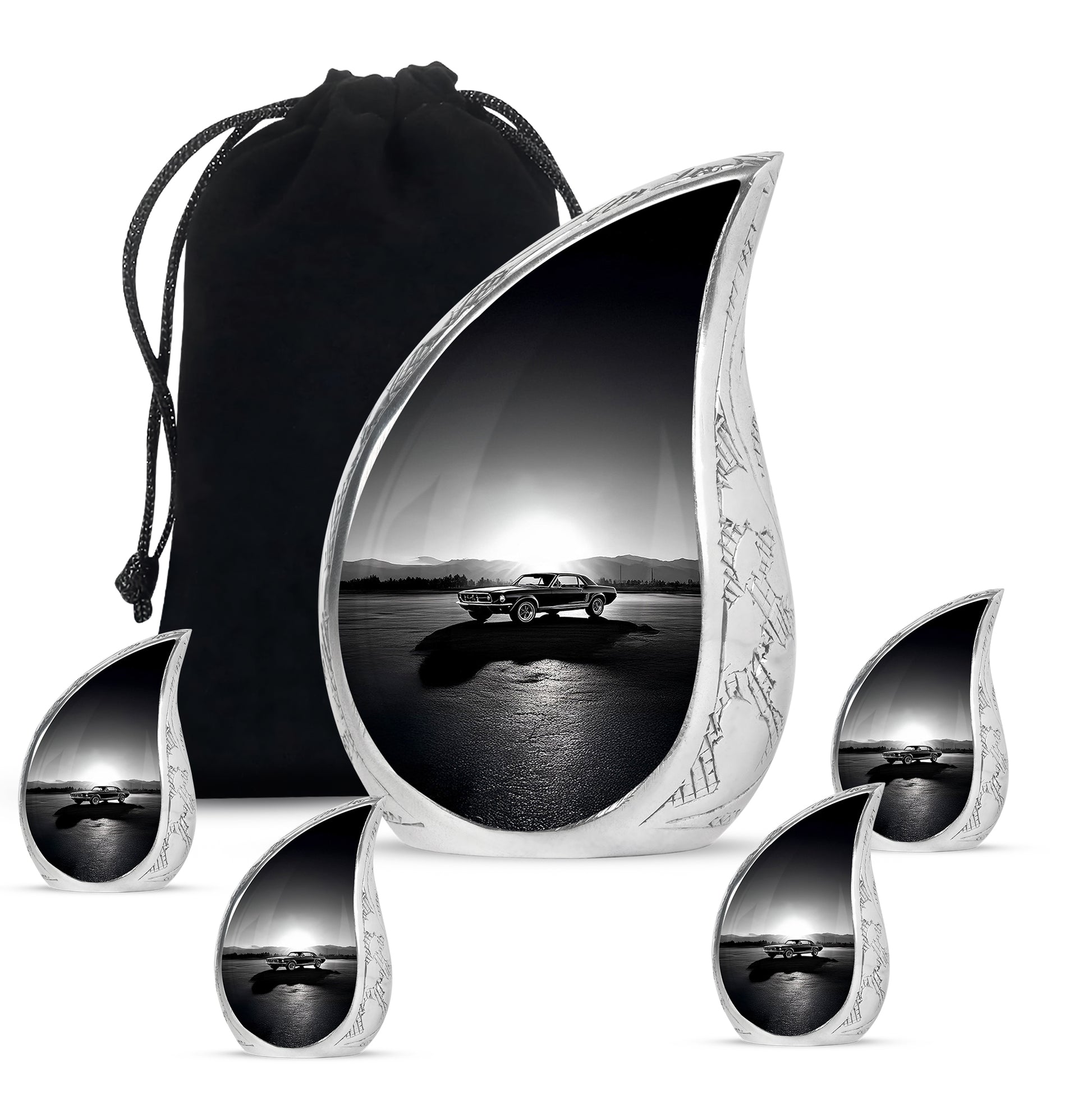Ash Gray Car Cremation Urn side profile showing urn shape - smooth teardrop contour featuring car art - memorial set with one large and four small urns