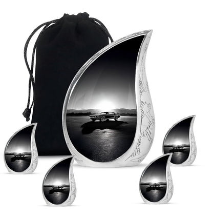 Ash Gray Car Cremation Urn side profile showing urn shape - smooth teardrop contour featuring car art - memorial set with one large and four small urns