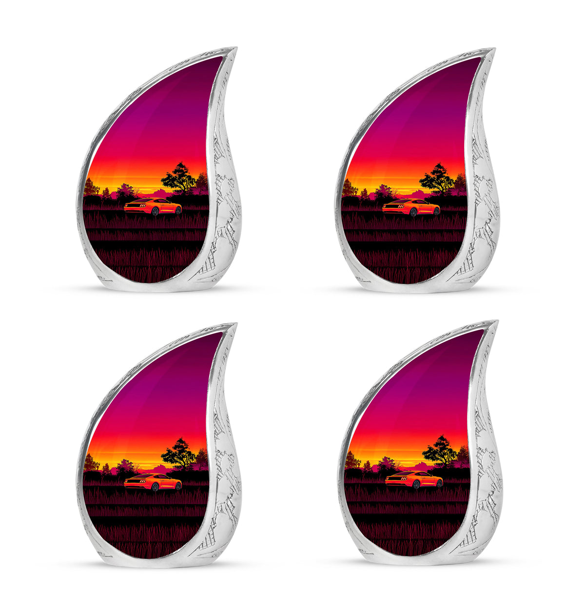 Garnet Red Car Cremation Urn close-up of engraving and surface detail - flowing teardrop car silhouette on curved aluminum - 10 inch aluminum urn for cremated remains