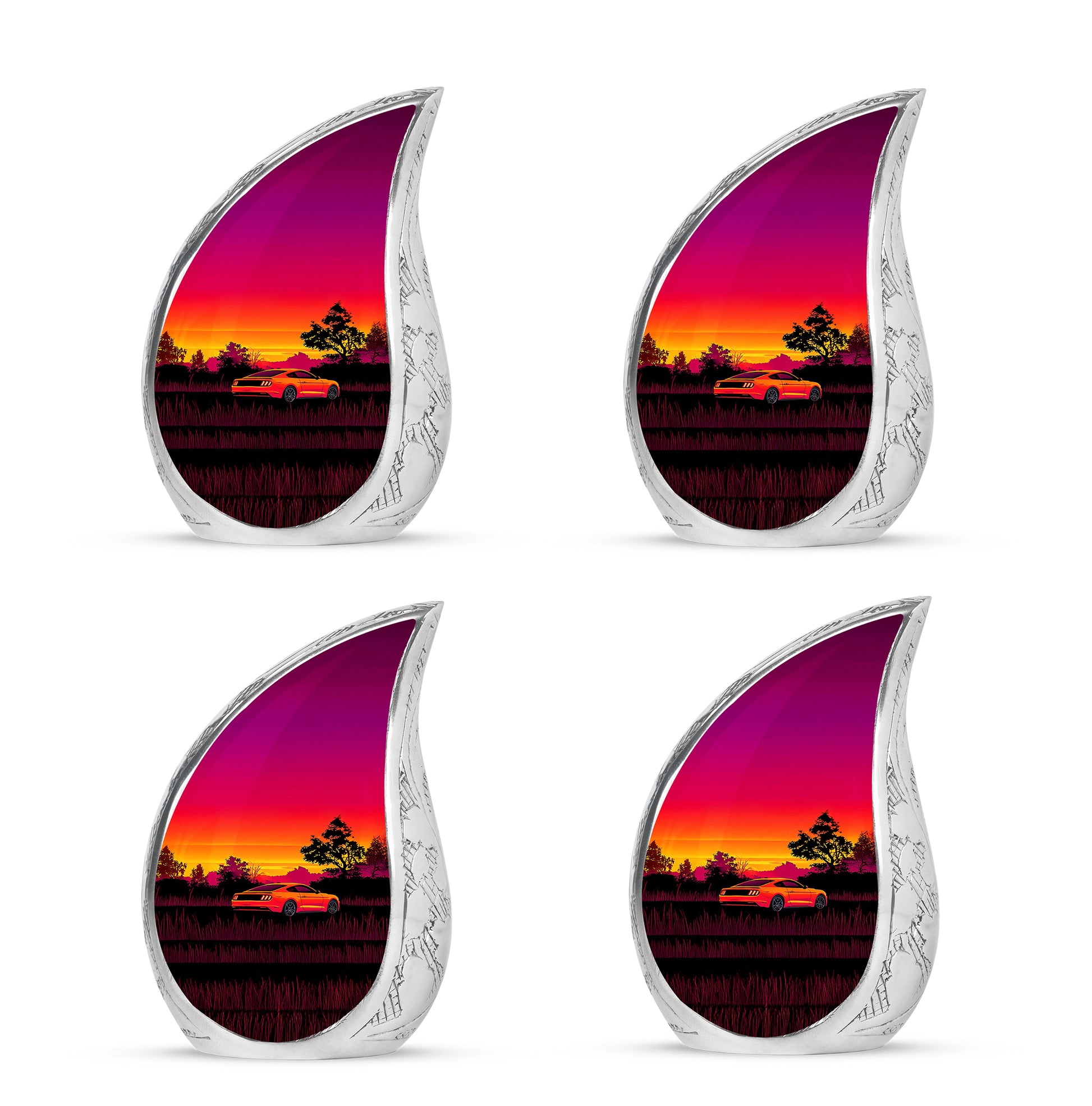 Garnet Red Car Cremation Urn close-up of engraving and surface detail - flowing teardrop car silhouette on curved aluminum - 10 inch aluminum urn for cremated remains