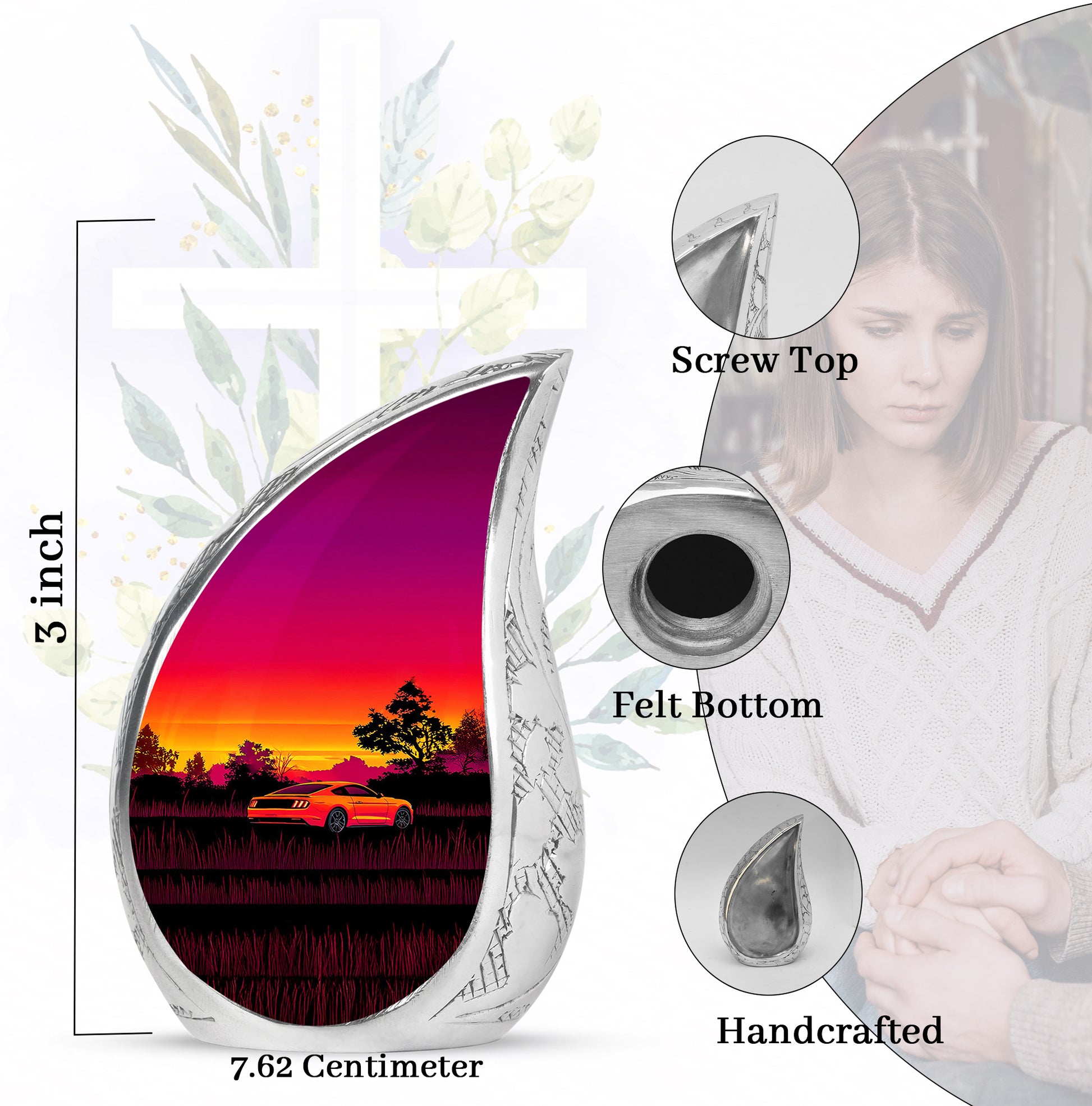 Burgundy Red Car Cremation Urn angled view of lid and engraved motif - flowing teardrop car silhouette on curved aluminum - mini keepsake memorial for portion of cremation ashes