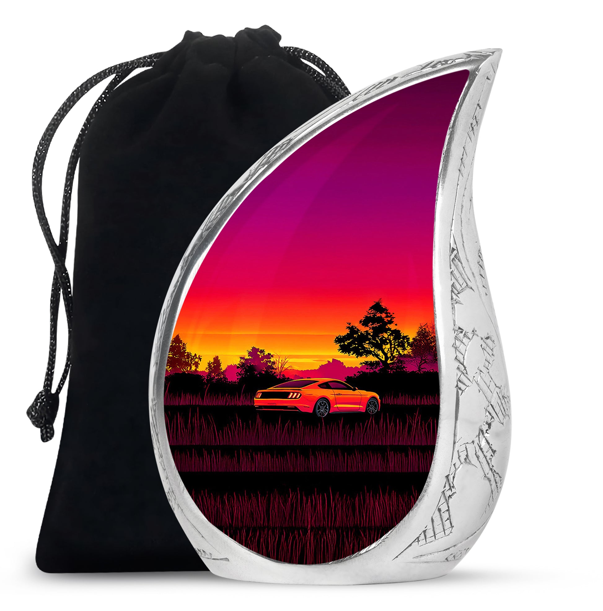 Garnet Red Car Cremation Urn front view showing detailed design - flowing teardrop car silhouette on curved aluminum - full-size 10 inch 200 cubic inch adult cremation urn