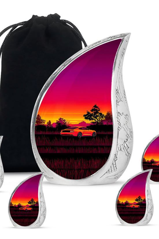 Deep Red Car Cremation Urn side profile showing urn shape - rounded teardrop car design with delicate detail - memorial set with one large and four small urns