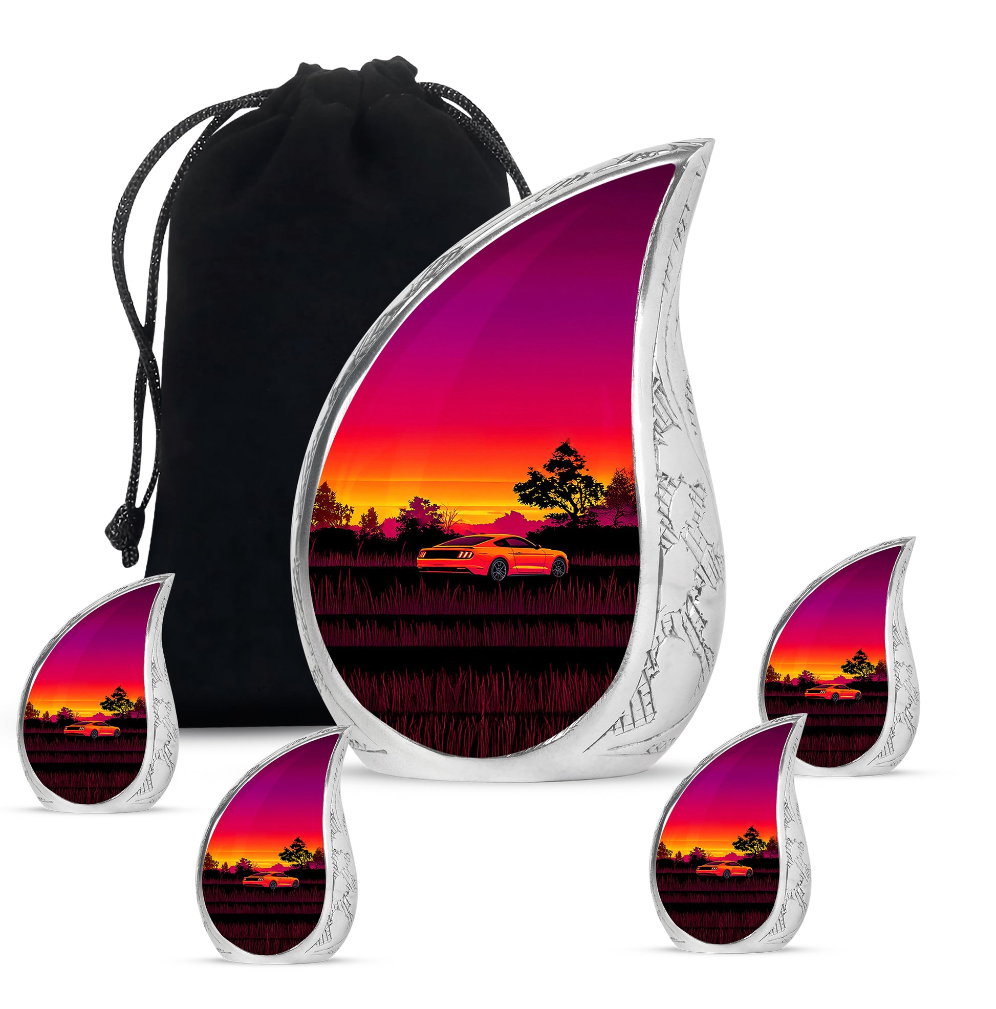 Deep Red Car Cremation Urn side profile showing urn shape - rounded teardrop car design with delicate detail - memorial set with one large and four small urns