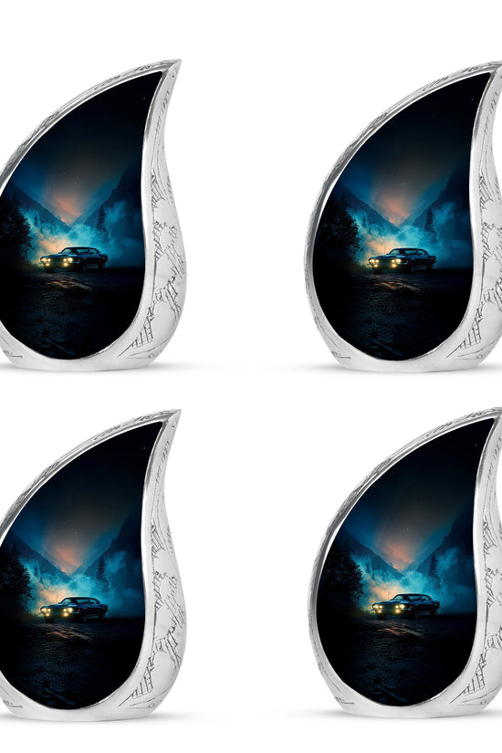Slate Blue Car Cremation Urn close-up of engraving and surface detail - rounded teardrop car design with delicate detail - 10 inch aluminum urn for cremated remains