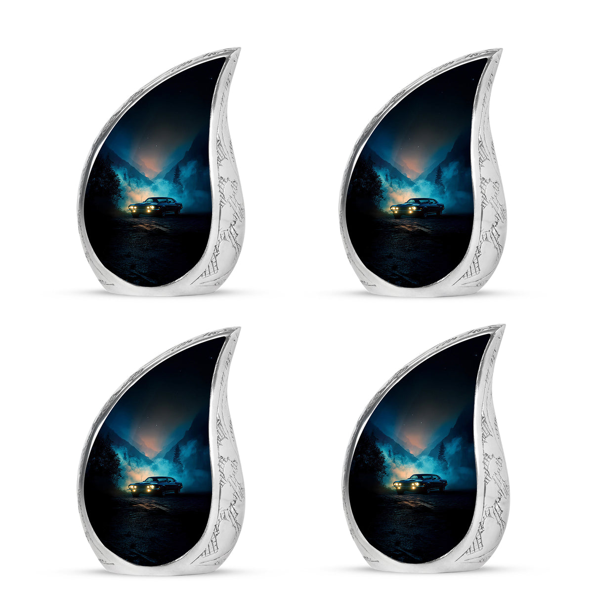 Slate Blue Car Cremation Urn close-up of engraving and surface detail - rounded teardrop car design with delicate detail - 10 inch aluminum urn for cremated remains