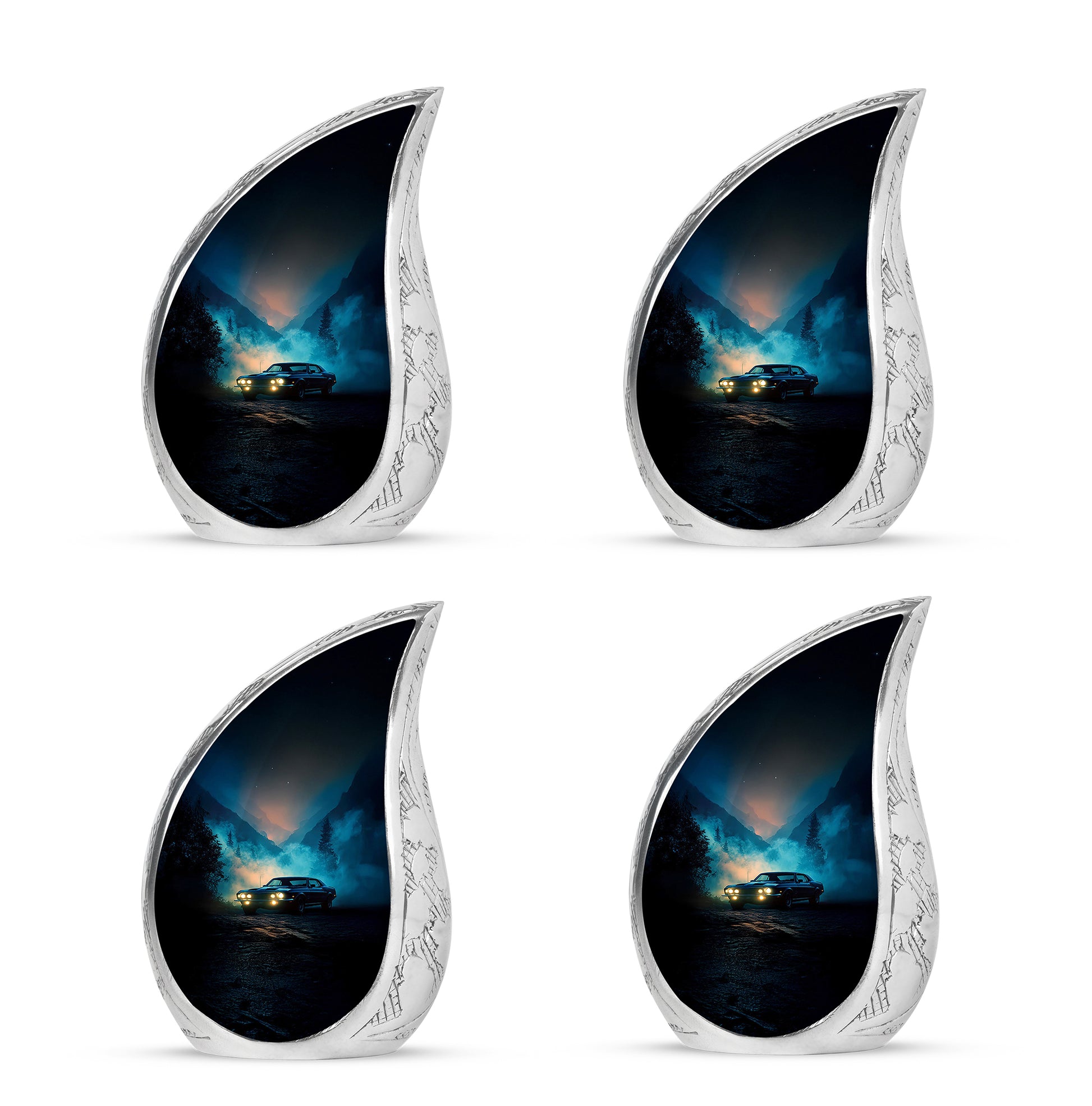 Slate Blue Car Cremation Urn close-up of engraving and surface detail - rounded teardrop car design with delicate detail - 10 inch aluminum urn for cremated remains
