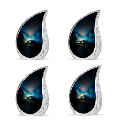 Slate Blue Car Cremation Urn close-up of engraving and surface detail - rounded teardrop car design with delicate detail - 10 inch aluminum urn for cremated remains