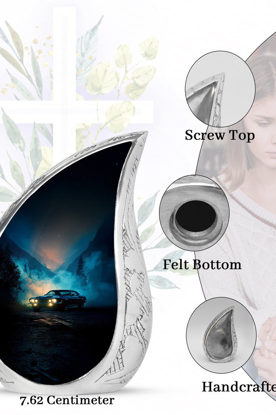 Slate Blue Car Cremation Urn angled view of lid and engraved motif - flowing teardrop car silhouette on curved aluminum - mini keepsake memorial for portion of cremation ashes