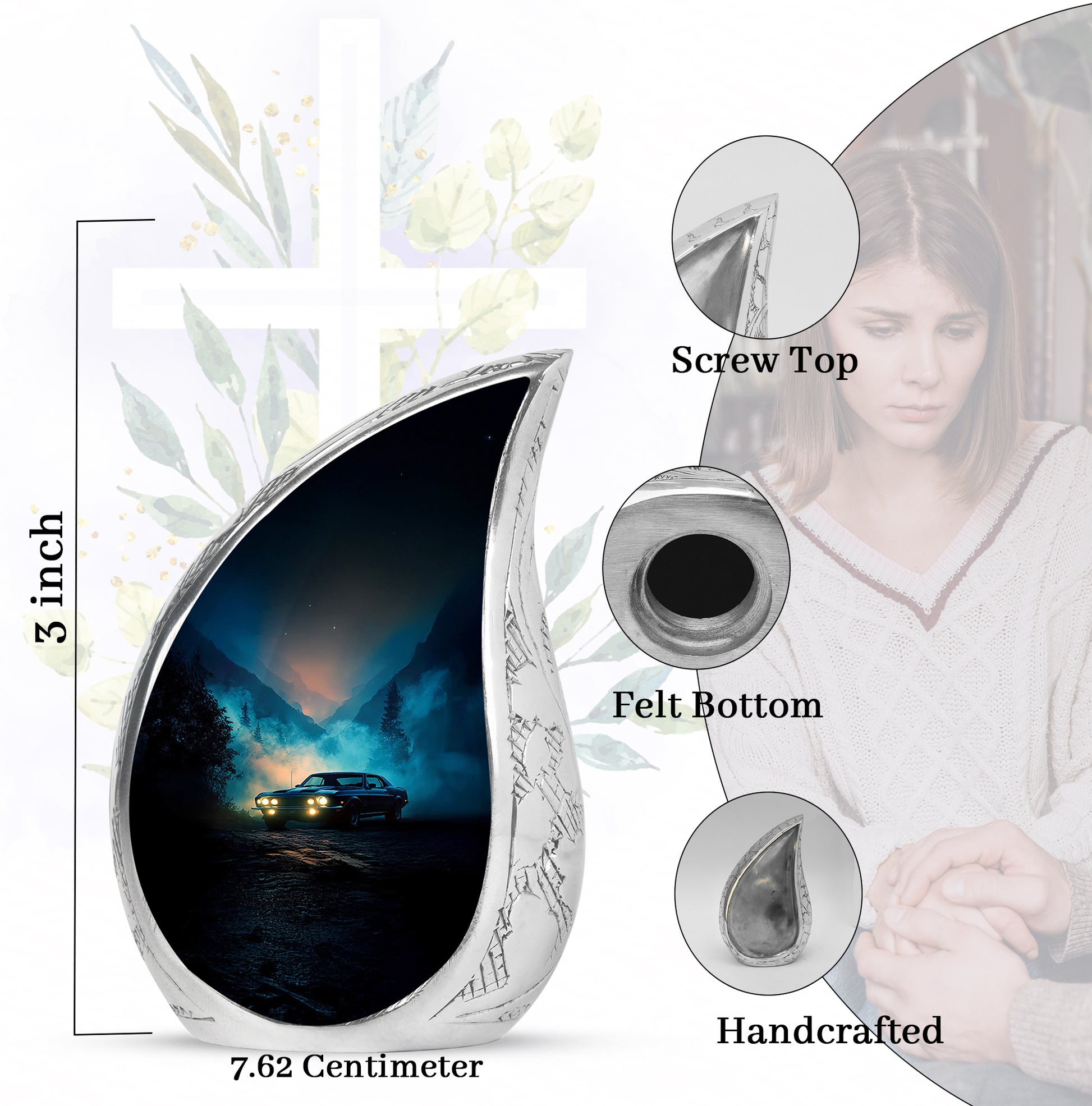 Slate Blue Car Cremation Urn angled view of lid and engraved motif - flowing teardrop car silhouette on curved aluminum - mini keepsake memorial for portion of cremation ashes