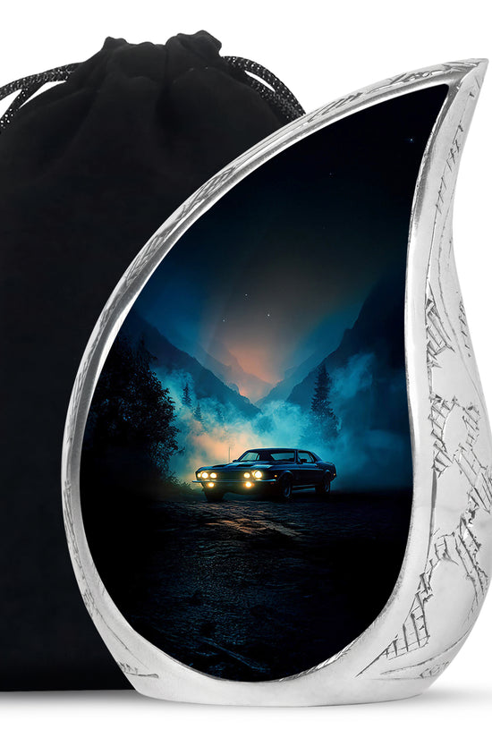 Azure Car Cremation Urn front view showing detailed design - flowing teardrop car silhouette on curved aluminum - full-size 10 inch 200 cubic inch adult cremation urn