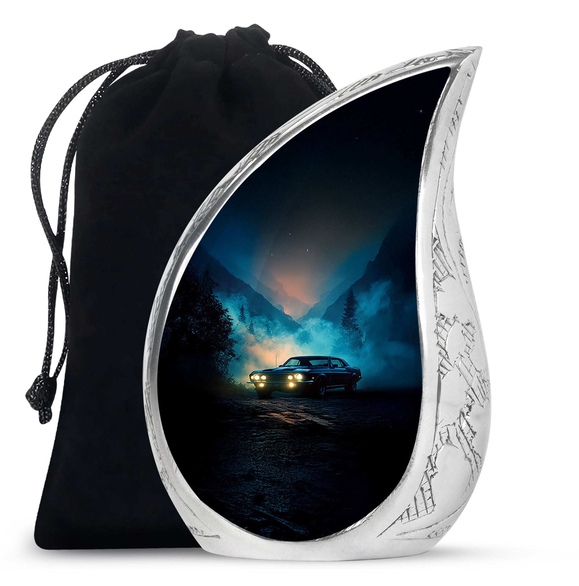 Azure Car Cremation Urn front view showing detailed design - flowing teardrop car silhouette on curved aluminum - full-size 10 inch 200 cubic inch adult cremation urn