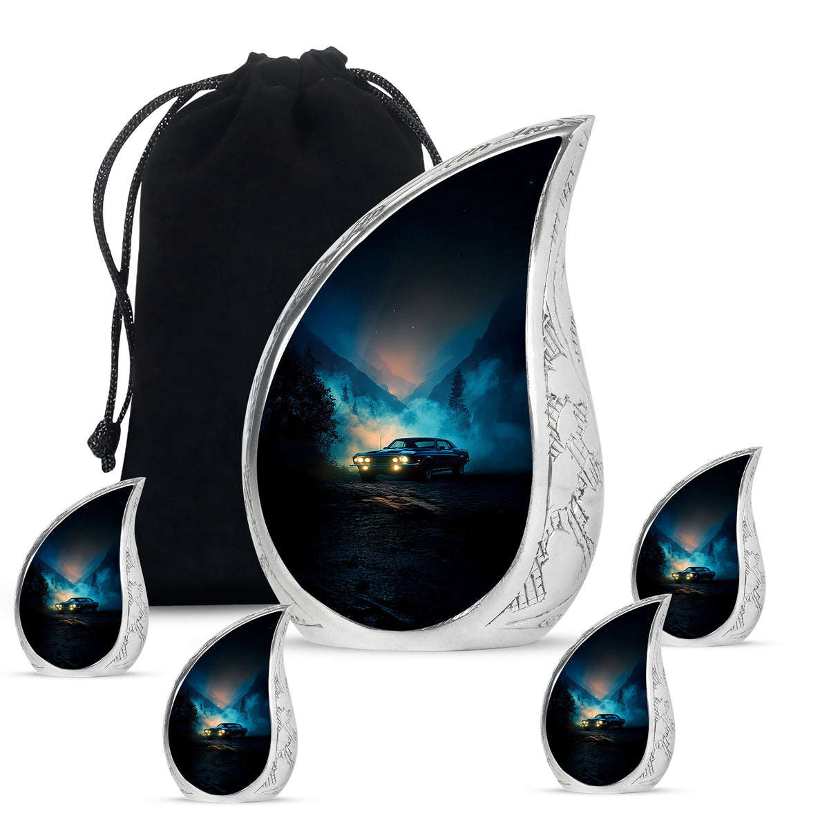 Cobalt Blue Car Cremation Urn side profile showing urn shape - graceful tear-shaped urn with car motif - memorial set with one large and four small urns